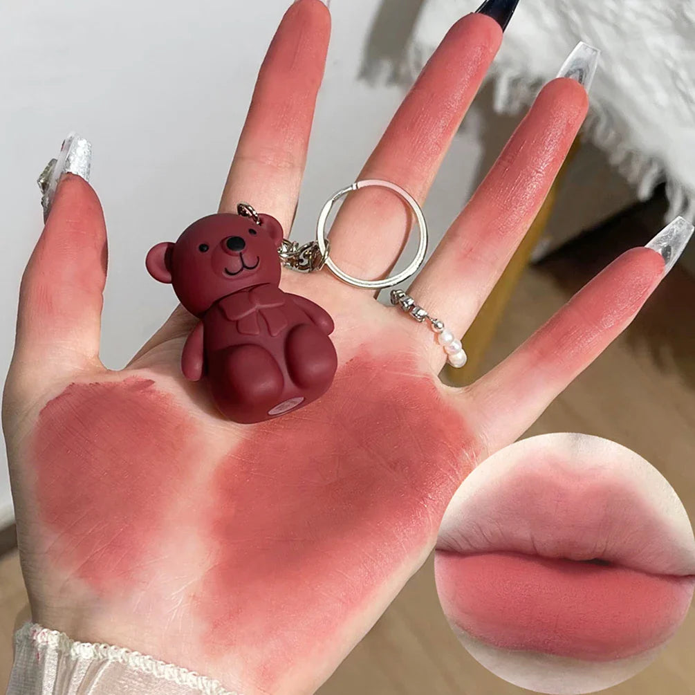 Cute Bear Keychain Matte Lip Mud – Velvet Liquid Lipstick