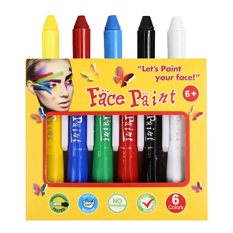 6-Color Face & Body Paint Crayon Set | Non-Toxic Glow Sticks