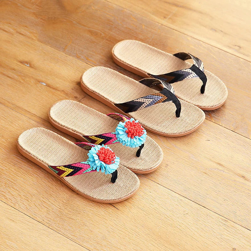 Men's Linen Flip Flops Striped EVA Non-Slip Beach Sandals