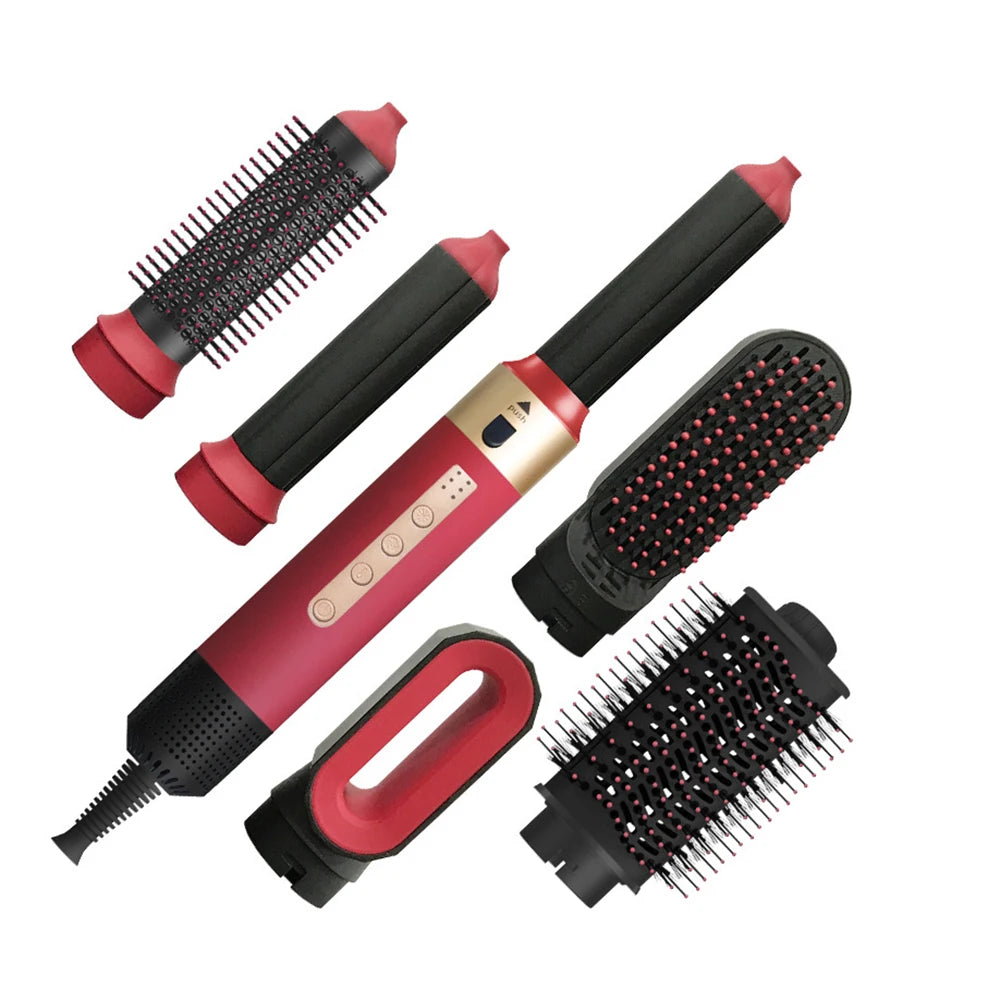 High Speed 110000rpm 6 in 1 Hair Dryer Professional Hair Styler Multi Curling Iron Hair Straightener Hot Air Brush Styling Tools Peaceful Pleasures Health and Wellness Red US