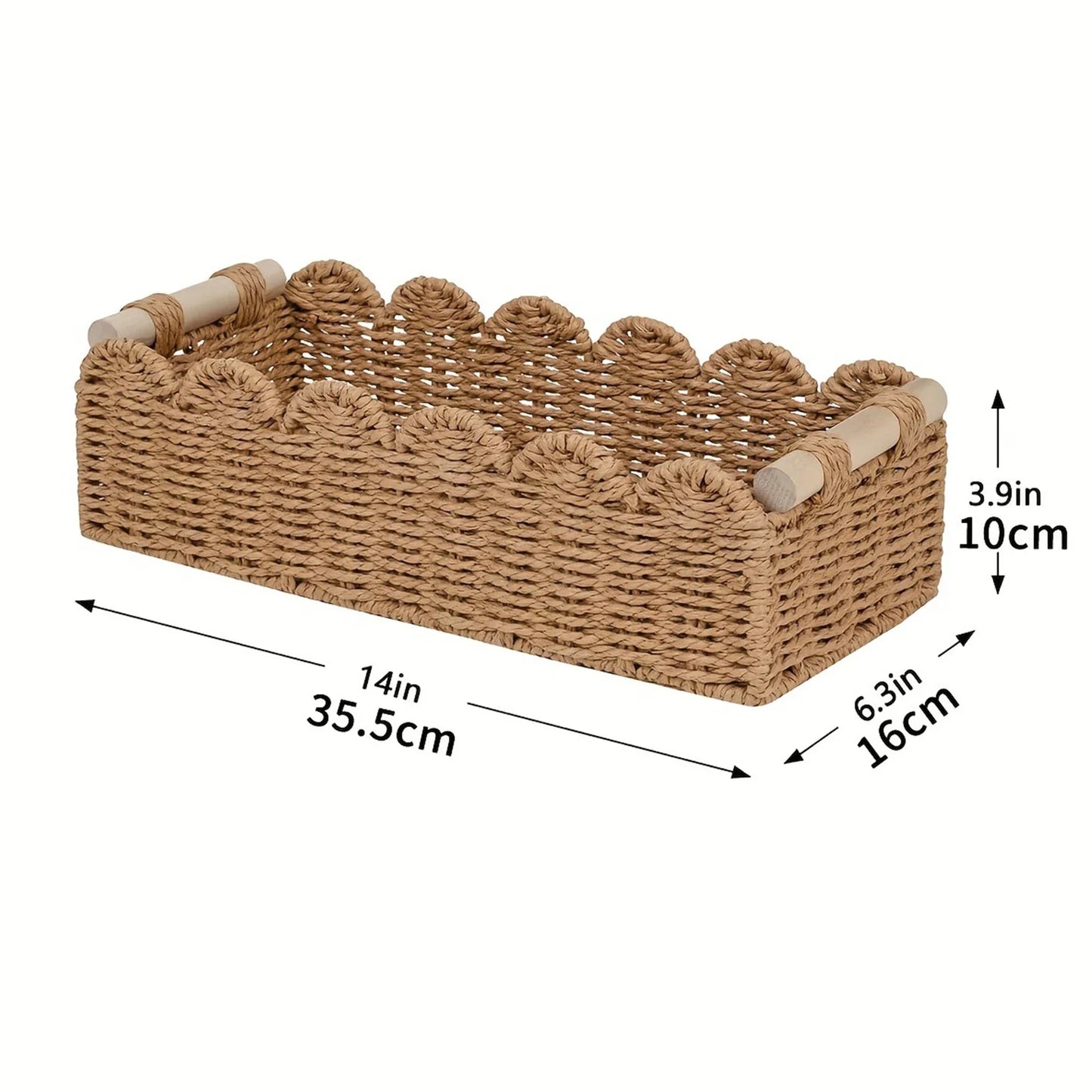 Scalloped Paper Rope Storage Basket with Wooden Handles