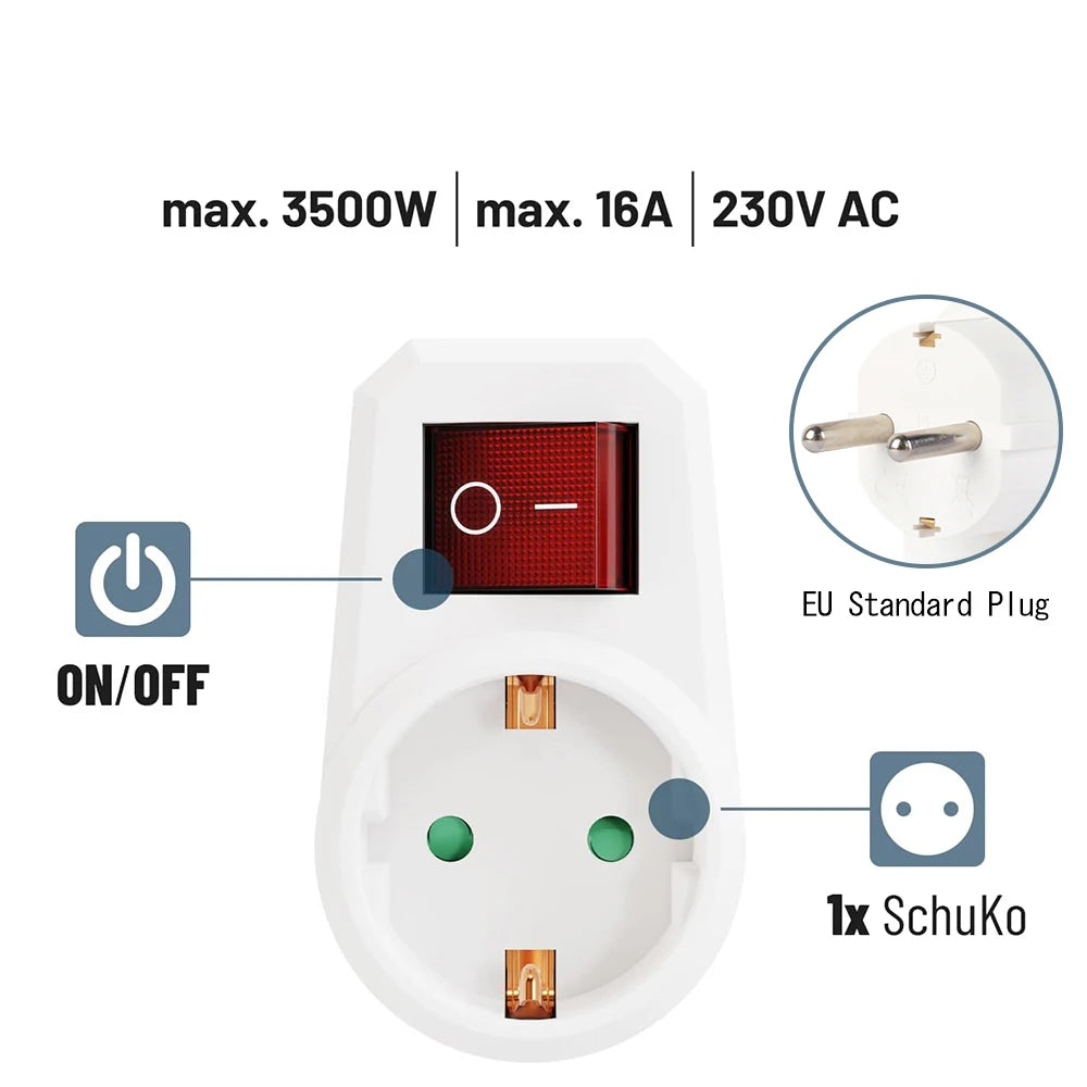 EU Extension Socket 16A 250V | 1-to-3 Outlet with ON/OFF Switch