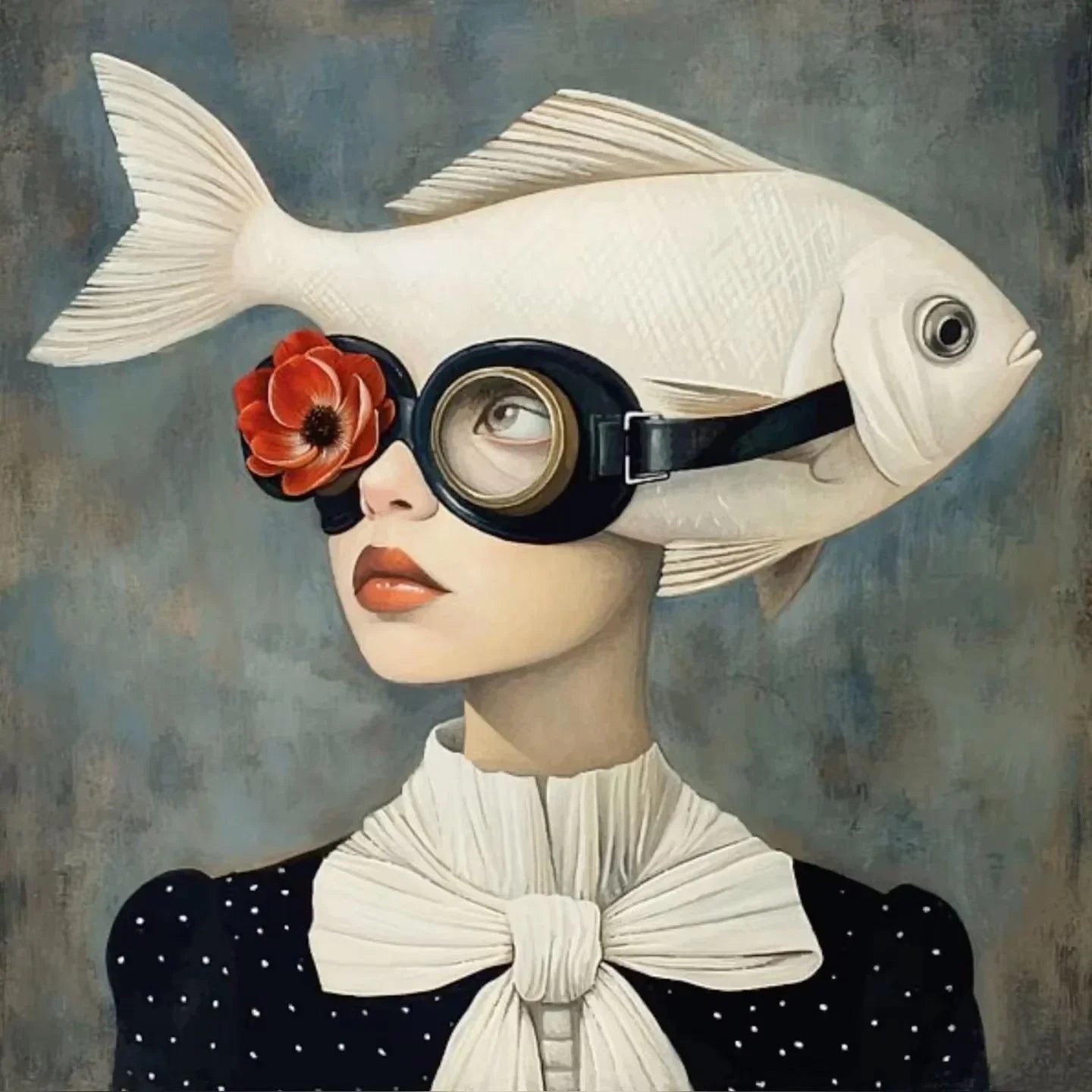 Surrealism Woman & Fish Canvas Wall Art | Fantasy Portrait Print