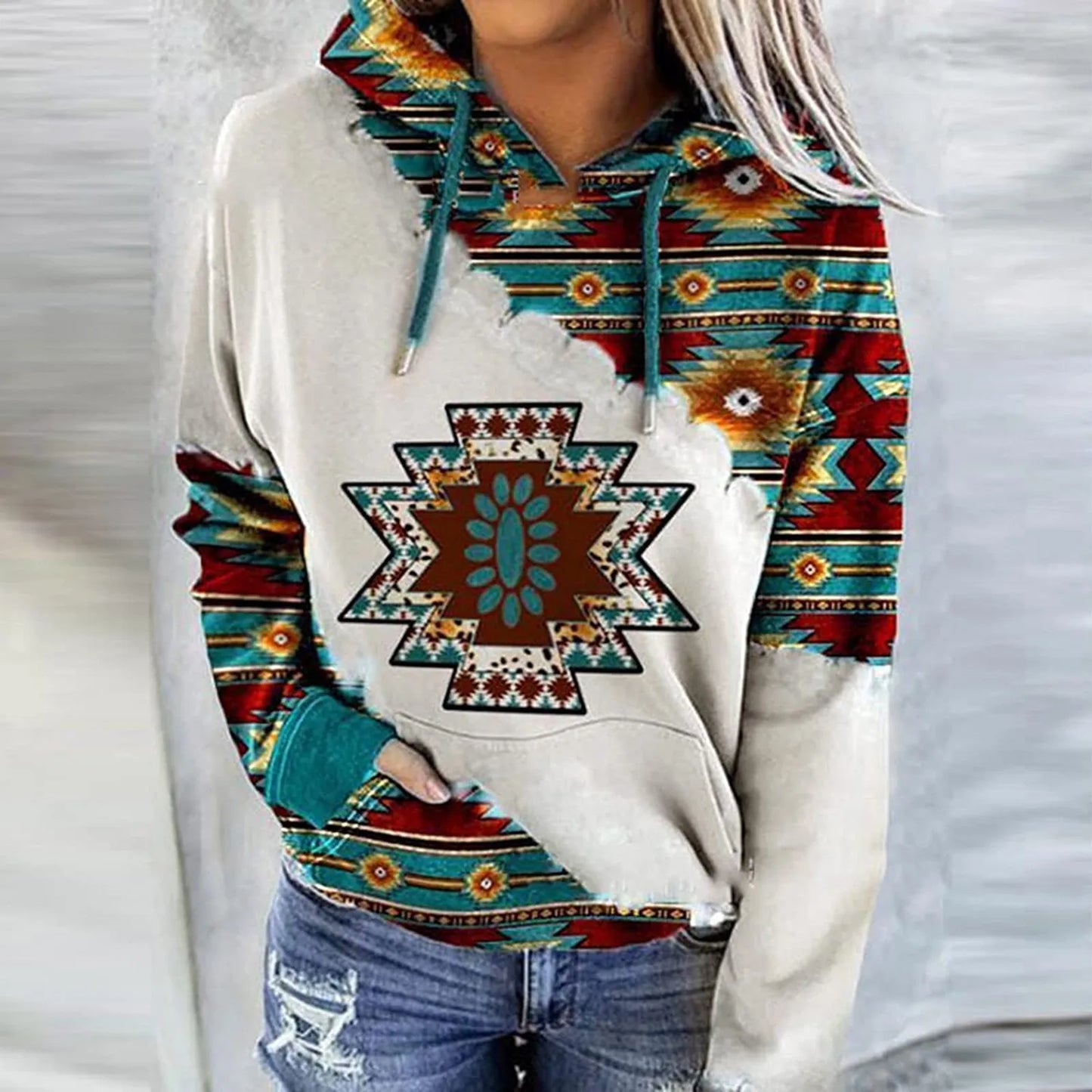 Women's Geometric Horse Print Hoodie | Ethnic Pullover