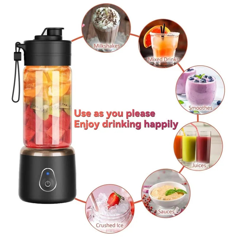 Portable USB Electric Juicer Extractor with Stainless Steel Blades Low Noise 400mL Capacity Dishwasher Safe Peaceful Pleasures Health and Wellness