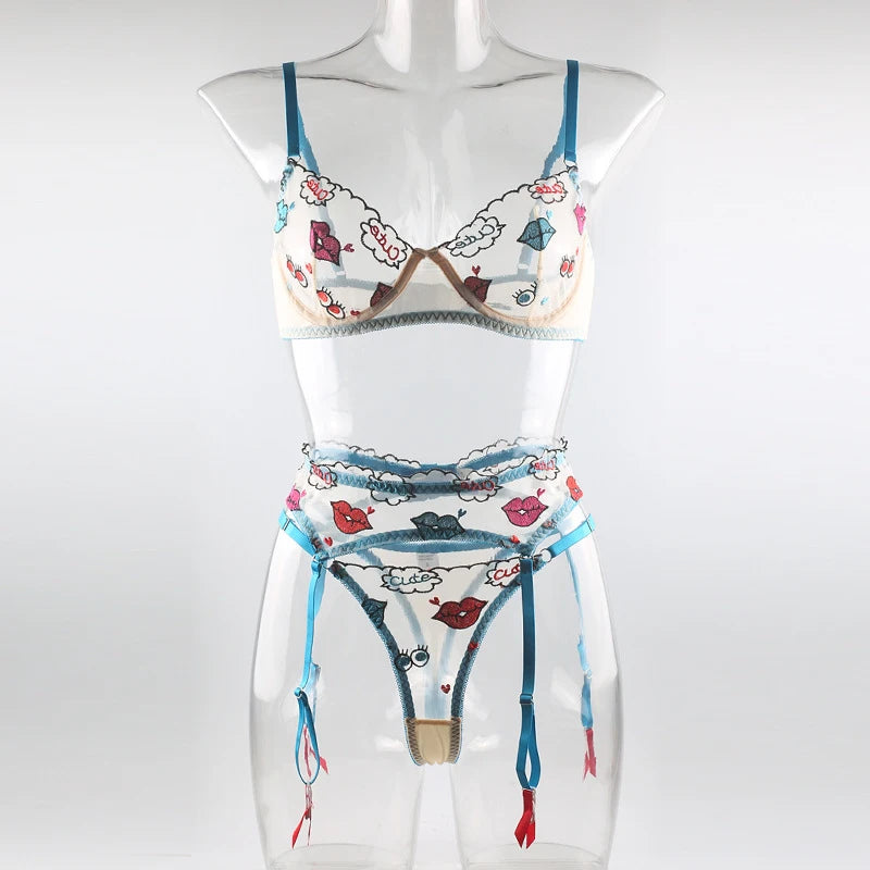 Women's Lip Print 3-Piece Lingerie Suspender Set | Cute Style