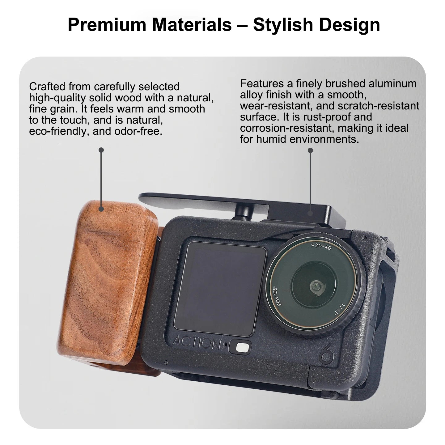 High-Quality Natural Wood Aluminum Cage Grip For DJI Action 6 Ergonomic See Saw Shutter Quick Release Base With Lanyard Peaceful Pleasures Health and Wellness