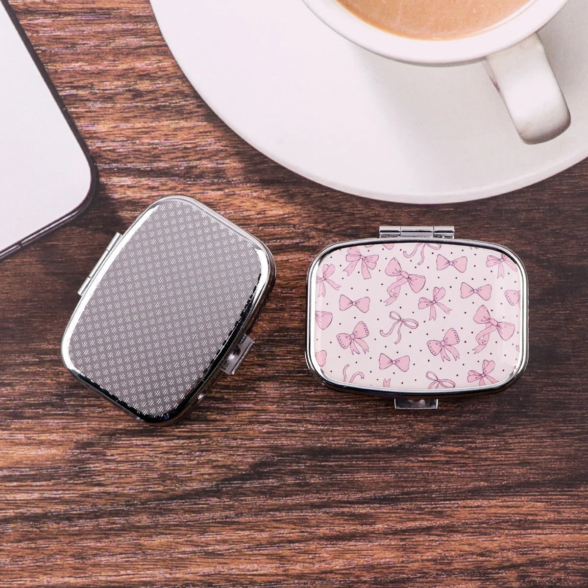 Pink Bow Mini Pill Box Travel Pill Box 2 Compartment Pocket Pill Container Daily Portable Medicine Storage Box Peaceful Pleasures Health and Wellness