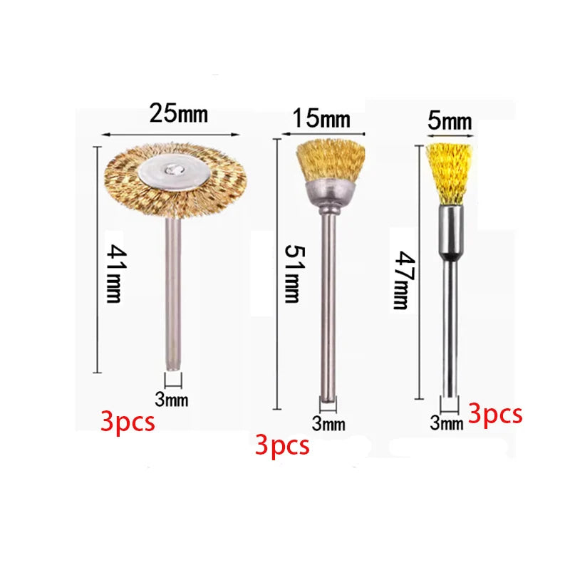 9pcs Steel Wire Brass Brush Rotary Tool Electric Dremel Drill Bit Polishing Grinding Wheel T-shaped Brush Accessories Peaceful Pleasures Health and Wellness
