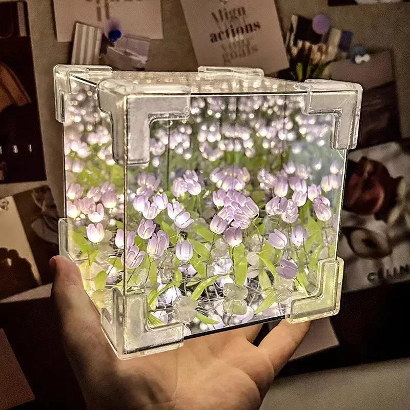 Hot Tulip Nightlight Handmade DIY Material Cube Tulip Mirror Bedroom Decor Atmosphere Lamp Valentine's Day Birthday Gift Peaceful Pleasures Health and Wellness battery 20FLOWERS PURPLE DIY