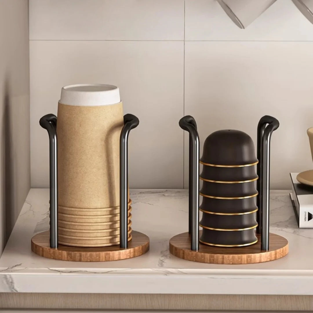 Coffee Cup Dispenser Rack Wood Base & Lid Organizer