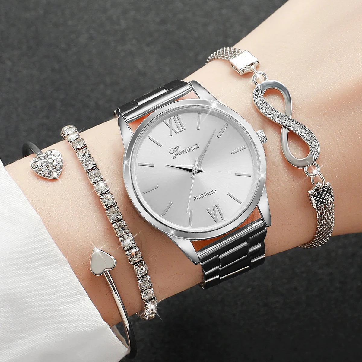 4PCS/Set Fashion Rhinestone Women Watches Luxury Steel Band Ladies Quartz Watch Bracelets Set Reloj Mujer（Without Box） Peaceful Pleasures Health and Wellness C Silver Without Box