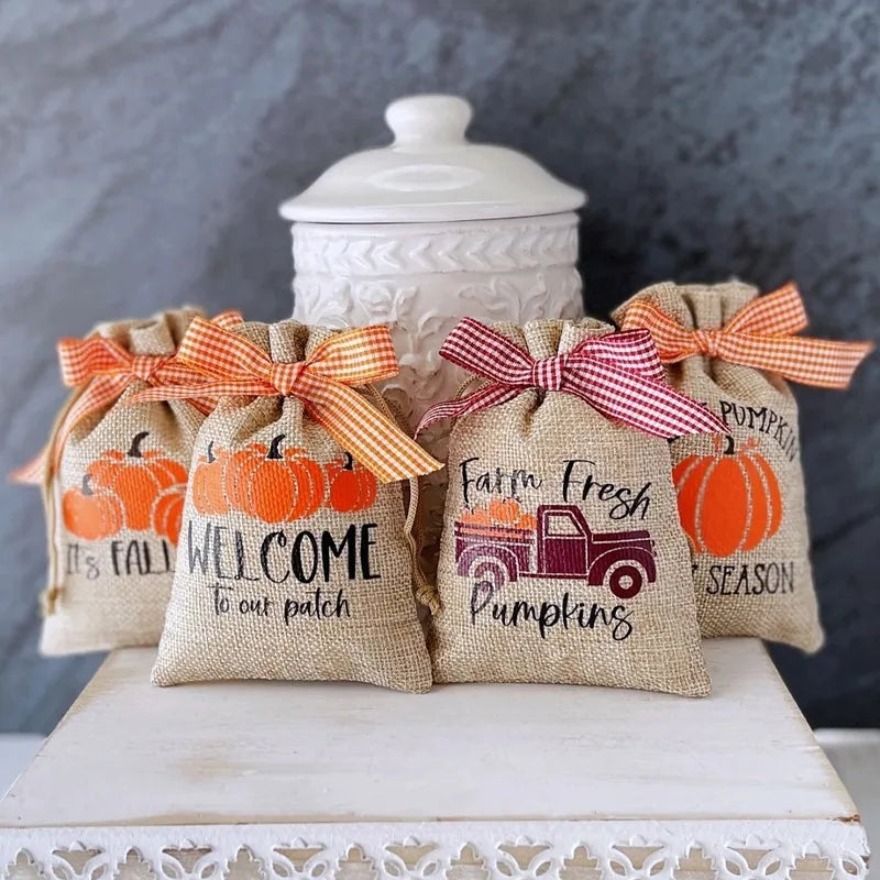 5-Pack Mini Pumpkin Burlap Drawstring Bags | Halloween Decor