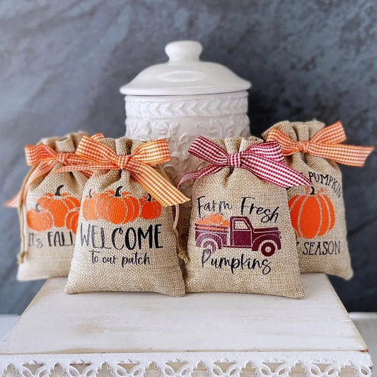 5-Pack Mini Pumpkin Burlap Drawstring Bags | Halloween Decor Halloween Gift Bags Peaceful Pleasures Health and Wellness