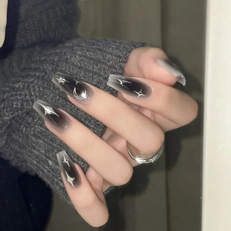 Y2k Fake Black Nail Long Ballet Reusable Adhesive Acrylic Press On Set Nails Dark Artificial False Nails Arts 24pcs Peaceful Pleasures Health and Wellness