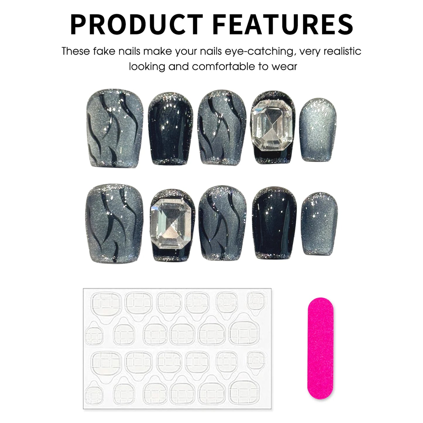 Press On Nails Black Grey Cat's Eye Flame | 10pc Gothic Set