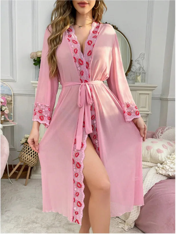 Women's Lace Sheer Long-Sleeve Robe & Lingerie Set