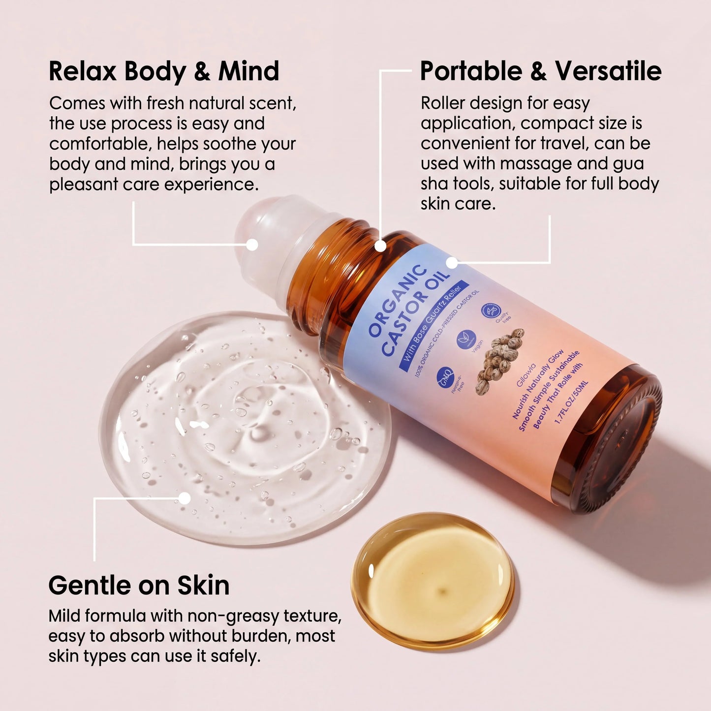 Organic Castor Oil Rose Quartz Roller Ball | Pure Cold-Pressed 50ml
