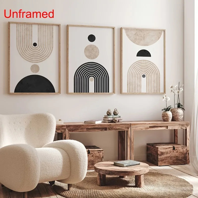 3-Piece Geometric Abstract Canvas Wall Art | Black & Beige Retro Canvas Wall Art Peaceful Pleasures Health and Wellness