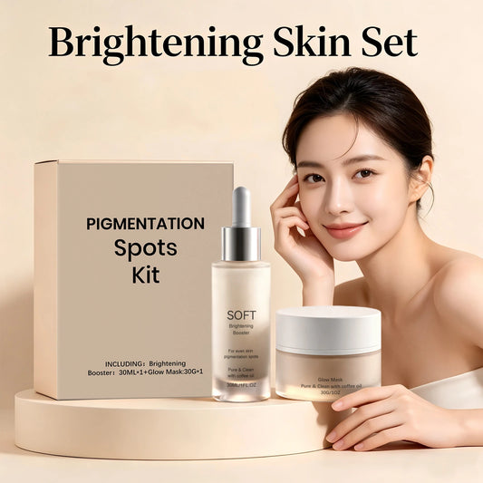 Brightening Skin Set Pigmentation Spots Kit 2PCS Dark Spots Corrector Even Skin Tone Set Face Serum Coffee Oil Infused Glow Mask Peaceful Pleasures Health and Wellness