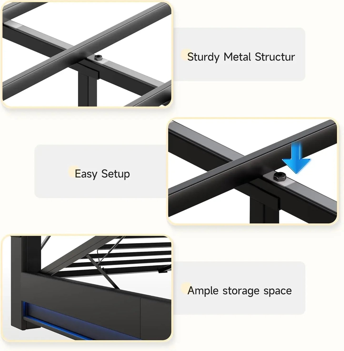 Queen Size Lift-Up Storage Bed Frame with LED Lights, Charging Station & Noise-Free Design Peaceful Pleasures Health and Wellness