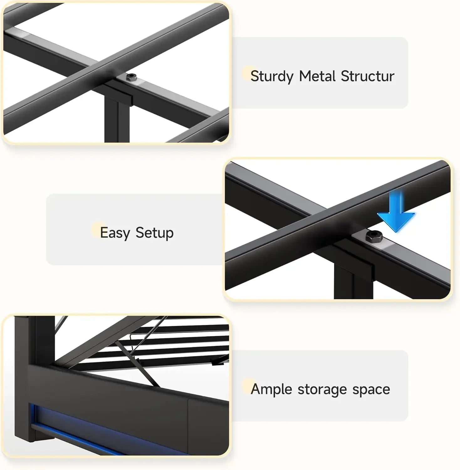 Queen Size Lift-Up Storage Bed Frame with LED Lights, Charging Station & Noise-Free Design Peaceful Pleasures Health and Wellness