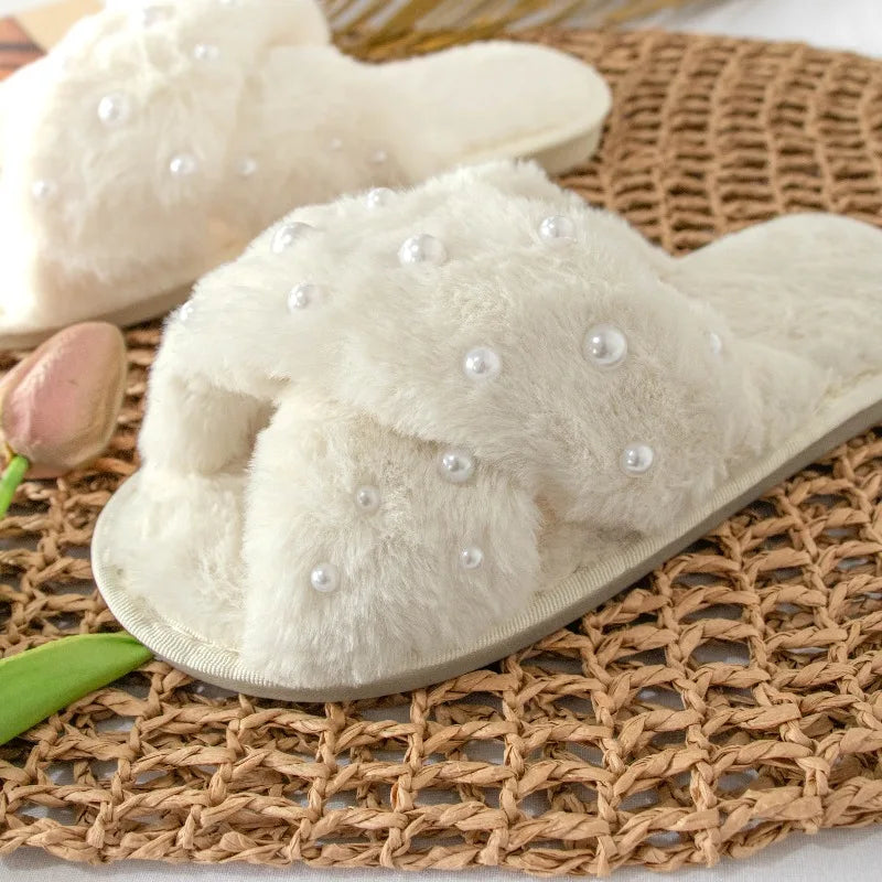 White Fluffy Pearl Slippers Wedding Bridesmaid Bridal Shower Bride Gift Maid of Honour Bachelorette Hen Party Supplies Proposal Peaceful Pleasures Health and Wellness