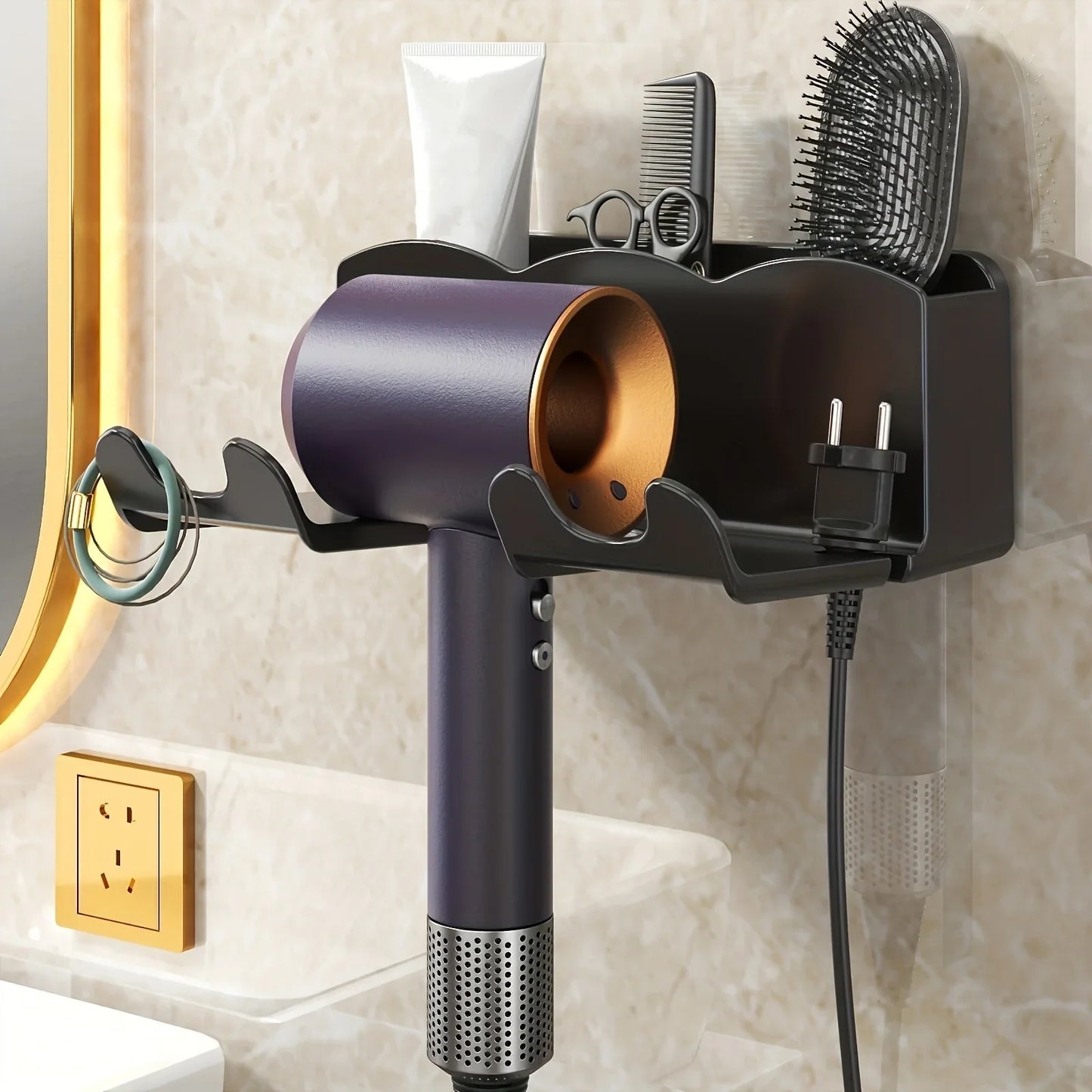 No-Drill Wall-Mount Hair Dryer Holder & Bathroom Storage Rack