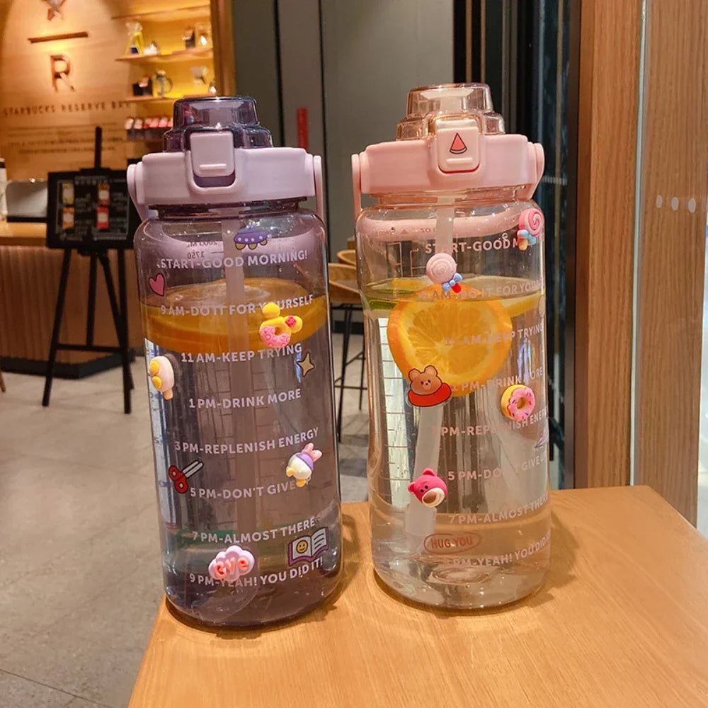 2L Portable Water Bottle Large Capacity Plastic Straw Water Cup Drink Bottle with Time Marker for Outdoor Sports Fitness Hot Peaceful Pleasures Health and Wellness