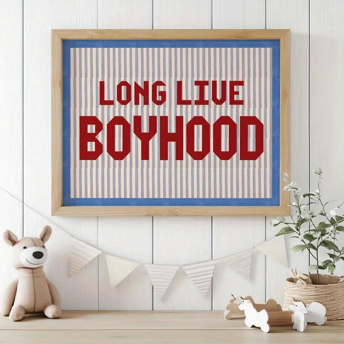 Long Live Boyhood Retro Quote Canvas Wall Art | Blue Red Print