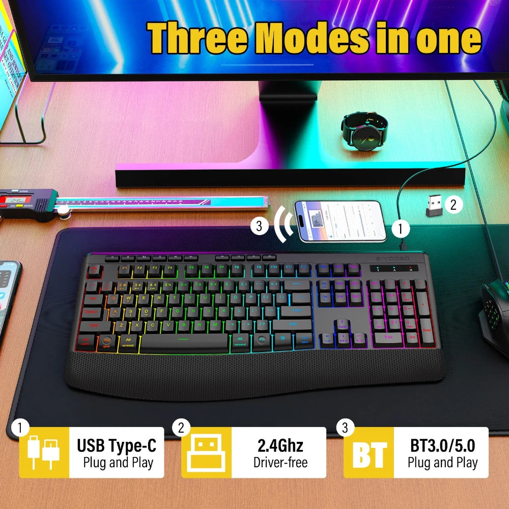 E-YOOSO RGB Colorful Gaming Keyboard 104 Keys Bluetooth 2.4G USB Wired Mechanical Keyboard with Wrist Rest Low Voltage Indicator Peaceful Pleasures Health and Wellness