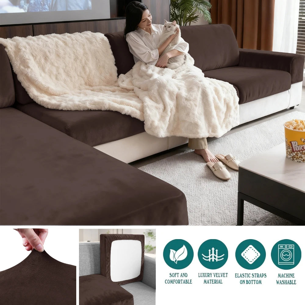 Luxury Soft Velvet Sofa Seat Cover Solid Elastic Sofa Cushion Covers Separate Furniture Protector Sofa Cover Living Room Pets Peaceful Pleasures Health and Wellness Coffee Chaise-1pc