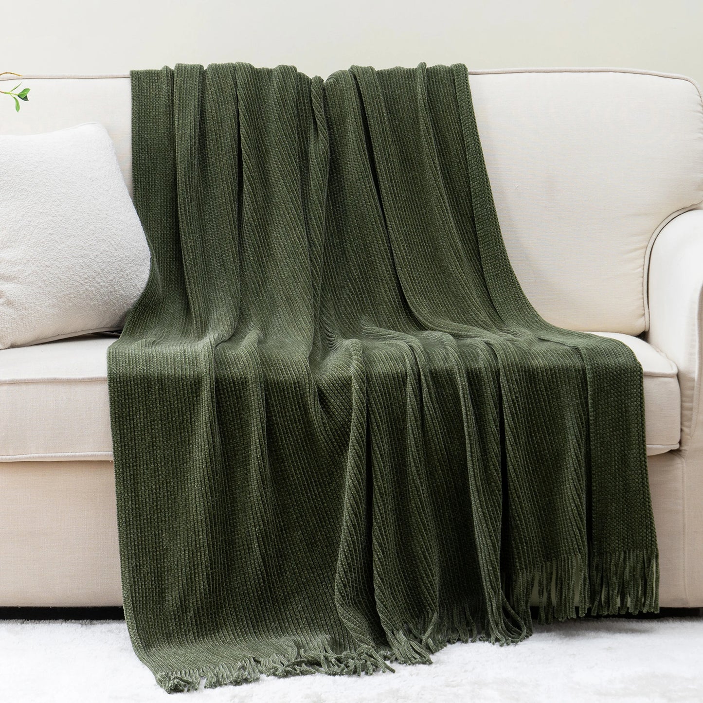 Battilo Green Plaid Chenille Knit Throw Blanket with Tassels