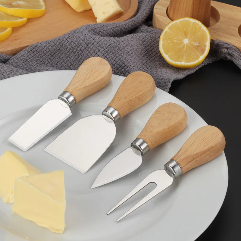 4 Piece Stainless Steel Cheese Knives Set Wood Handle Butter Cheese Cutter Jam Cream Spatula Pizza Knife Kitchen Utensils Set Peaceful Pleasures Health and Wellness