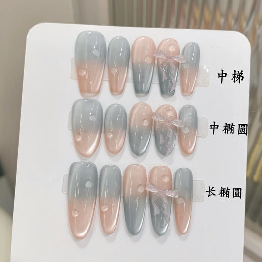 Gradient Blue Press On Nails Pink Bow | Korean Nail Art 10pcs Press On Nails Peaceful Pleasures Health and Wellness