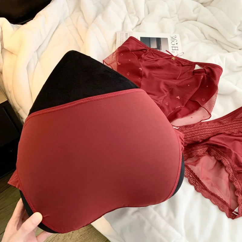 Women's Cherry Red Lucky Satin Mesh Mid-Waist Brief Panties