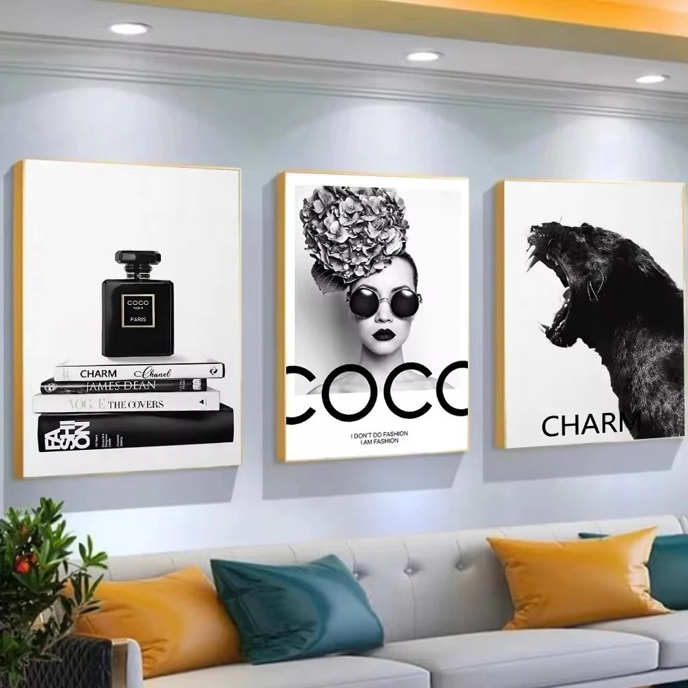 Nordic Luxury Minimalist Perfume Bottle Pop Art Prints Fashion Coco Poster Black White Parfum Giclee Wall Decor Painting Peaceful Pleasures Health and Wellness