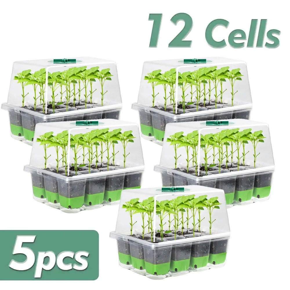 12-cell Seedling Starter Tray with Transparent Cover Garden Greenhouse Growth Potting Adjustable Humidity Germination Box Indoor Peaceful Pleasures Health and Wellness 5pcs