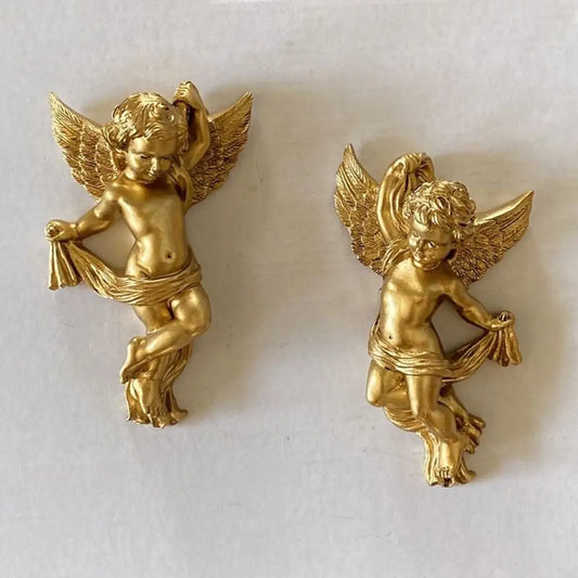 Cherub Angel Statue Pair – Gold Resin Desktop & Wall Ornament Resin Decorative Figurine Oasis Select
