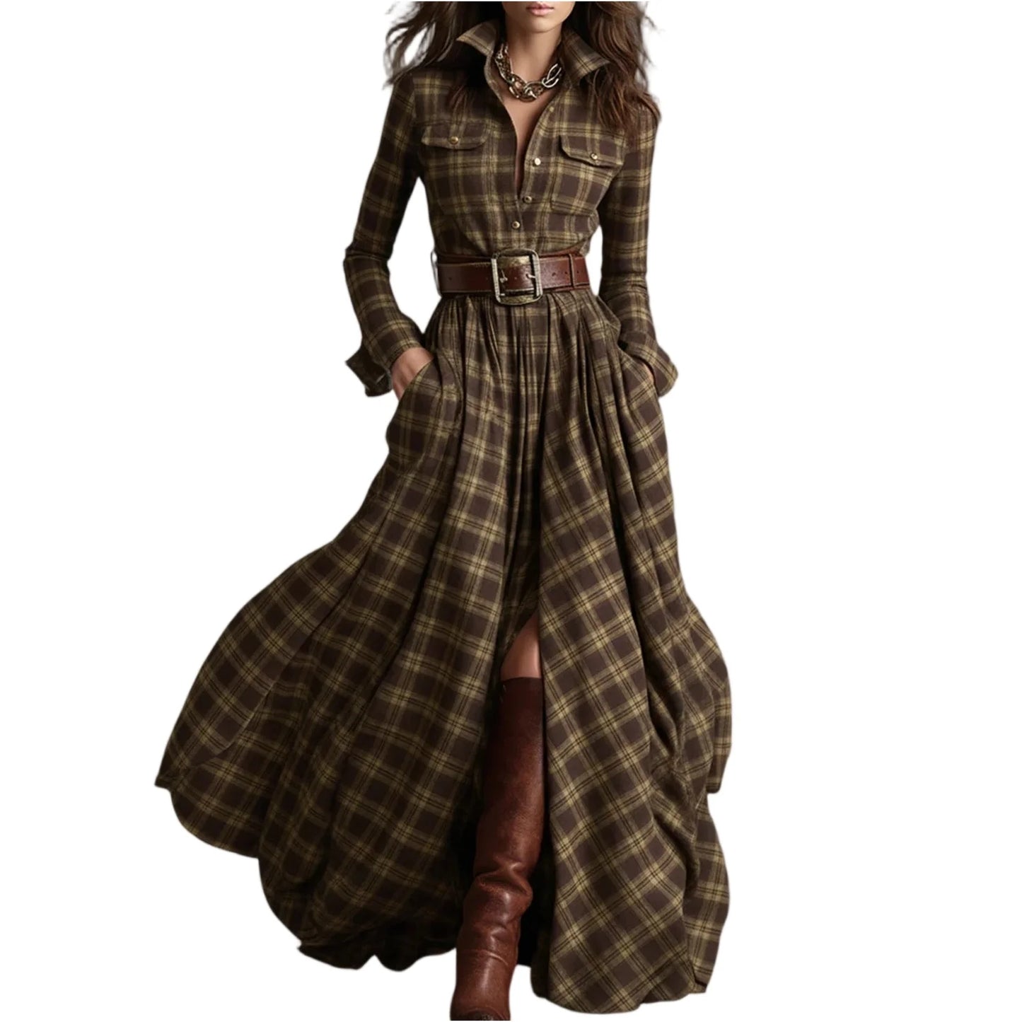 Retro Plaid Maxi Shirt Dress – Long Sleeve, Belt & Pockets