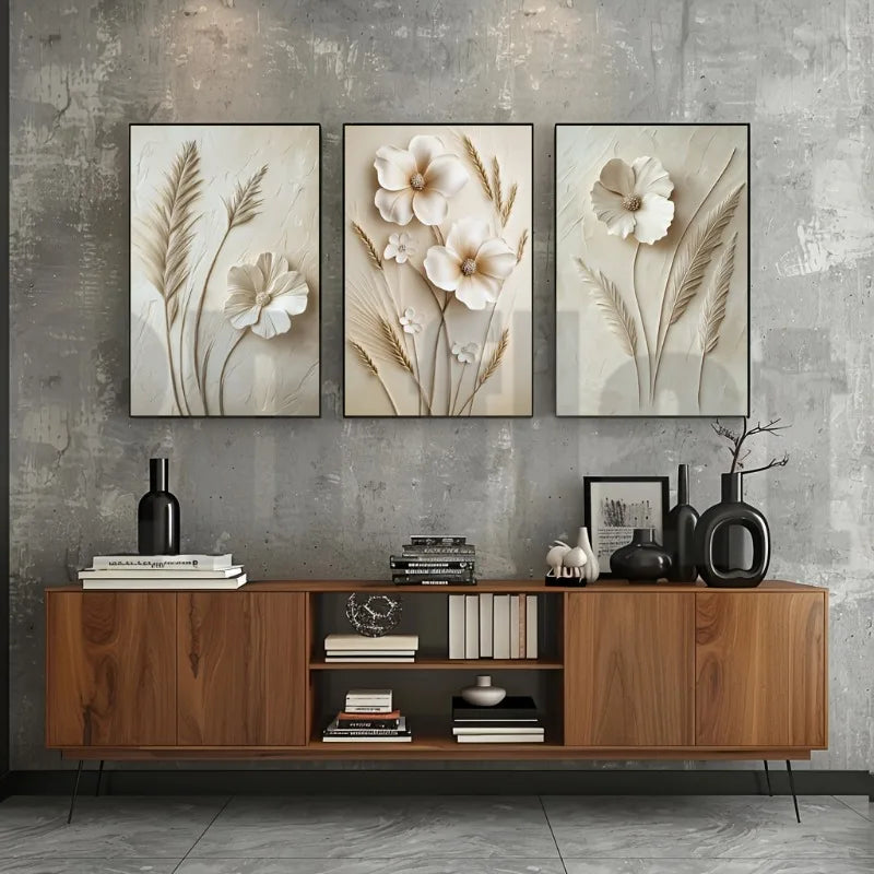 3-Panel White Flower Triptych Canvas Wall Art | Unframed Set Triptych Canvas Print Peaceful Pleasures Health and Wellness