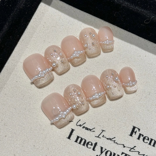 Handmade Press on Nails Glitter White Pearl Decor False Nails Full Cover Wearable Retro Baroque French Short Fake Nail Tips Peaceful Pleasures Health and Wellness XS