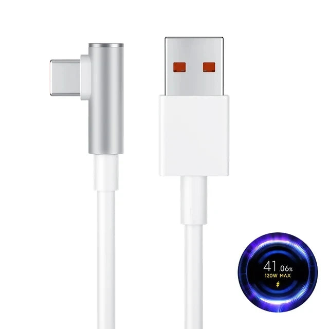 120W USB-C Fast Charging Cable 90° Right Angle Gaming Cord Peaceful Pleasures Health and Wellness WHITE 1.8m