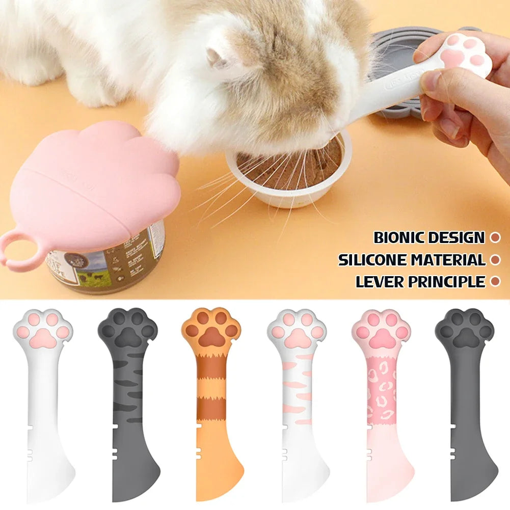 Pet Can Opener Spoon & Lid – Silicone Cat Paw Feeding Scoop