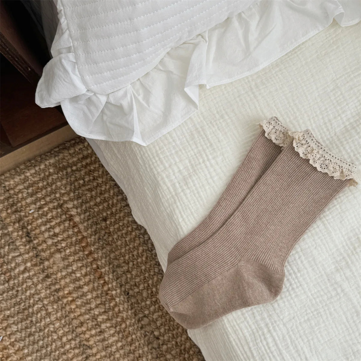 Korean Style Socks Sweet Lace Mid Calf Socks Ballet Style Girls Double Needle Slouch Socks for Women Daily Casual Fashion Wear Peaceful Pleasures Health and Wellness A One Size