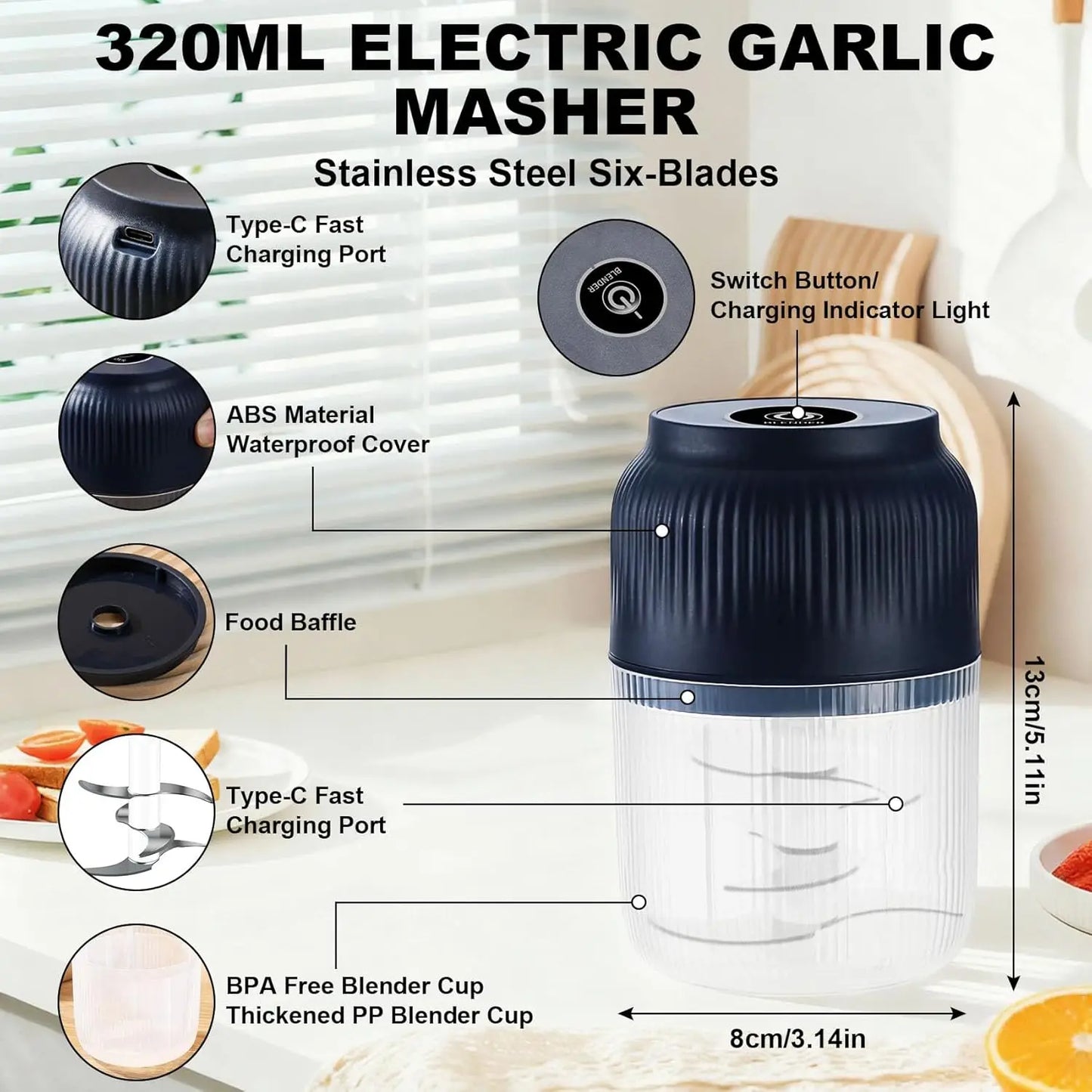 300ml Capacity Electric Garlic Chopper, Mini Portable Veggie Cutter, 4 Sharp Stainless Steel Blades Mini Electric Food Chopper, Compact Size, Easy to Clean, One-Touch Operation (Blue) Peaceful Pleasures Health and Wellness