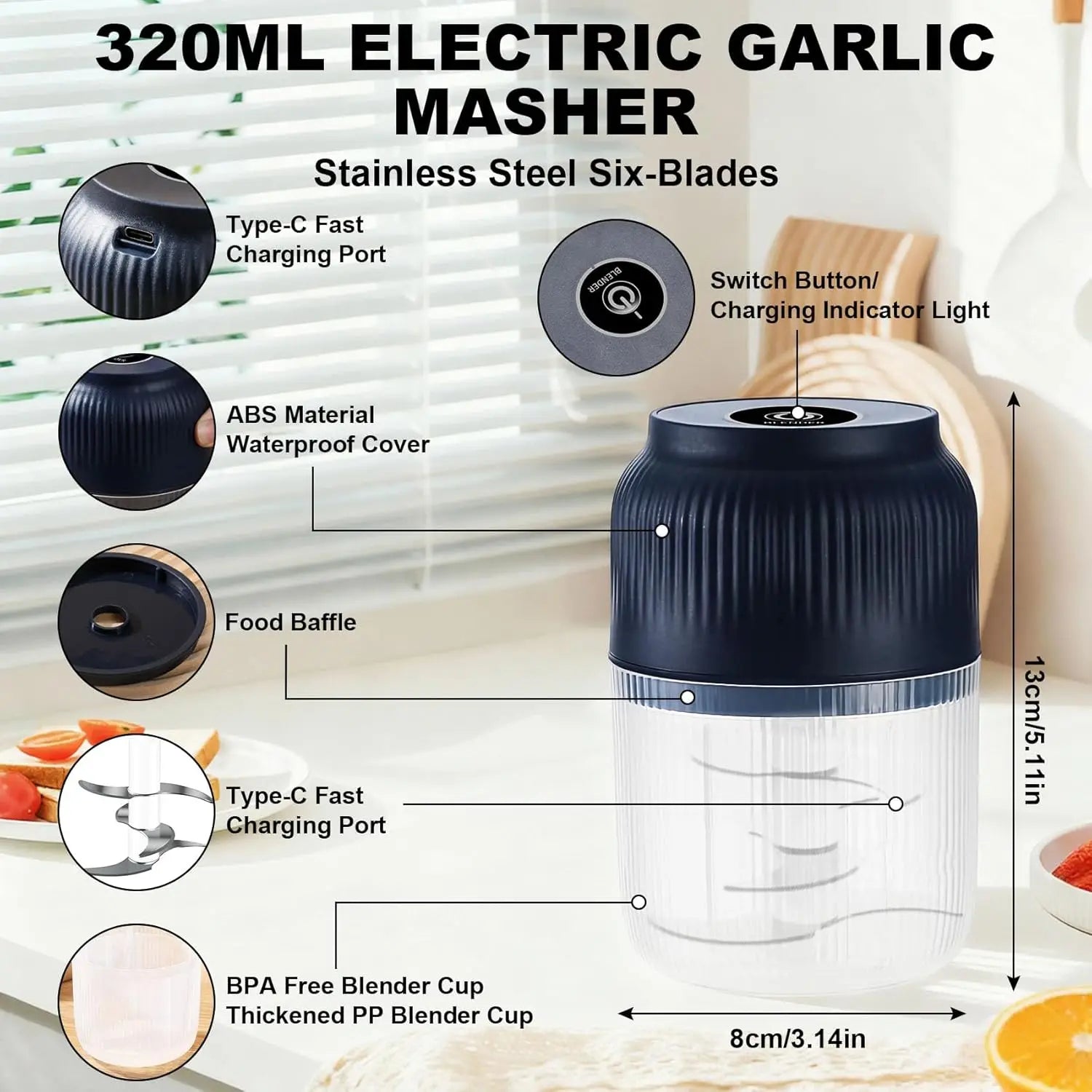 300ml Capacity Electric Garlic Chopper, Mini Portable Veggie Cutter, 4 Sharp Stainless Steel Blades Mini Electric Food Chopper, Compact Size, Easy to Clean, One-Touch Operation (Blue) Peaceful Pleasures Health and Wellness