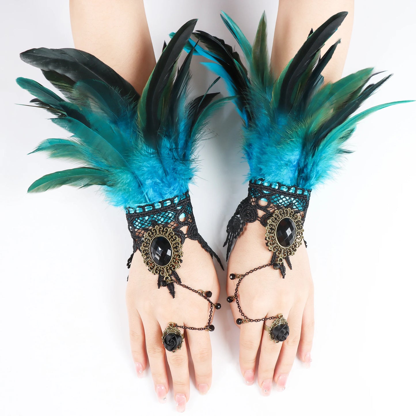 Lace Feather Wrist Cuffs Rave Gloves Steampunk Gothic Glove Sleeve