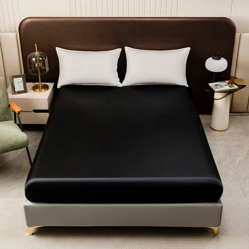 Silky Satin Fitted Bed Sheet Soft Deep Pocket Full Mattress Cover Fits 12 to 16 Inches Single Layer Comfortable Sleep Experience Peaceful Pleasures Health and Wellness Fitted Sheet Black 160x200cm Set