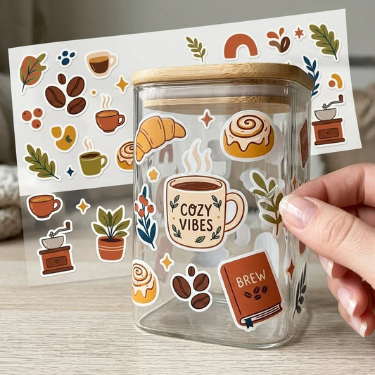 Cozy Coffee UV Transfer Stickers – Waterproof Cafe Decals Decorative Stickers Peaceful Pleasures Health and Wellness